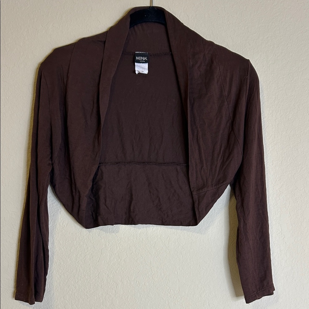 Brown Long Sleeve Open Front Bolero Shrug by Mink. Size XS/S